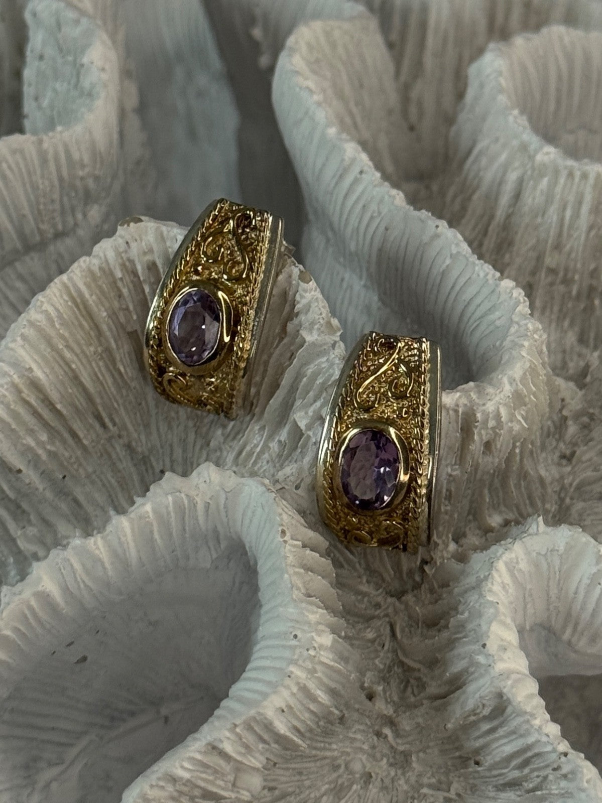 925 Sterling Silver Gold Plated Part Amethyst Earrings Length 0.70 Inch