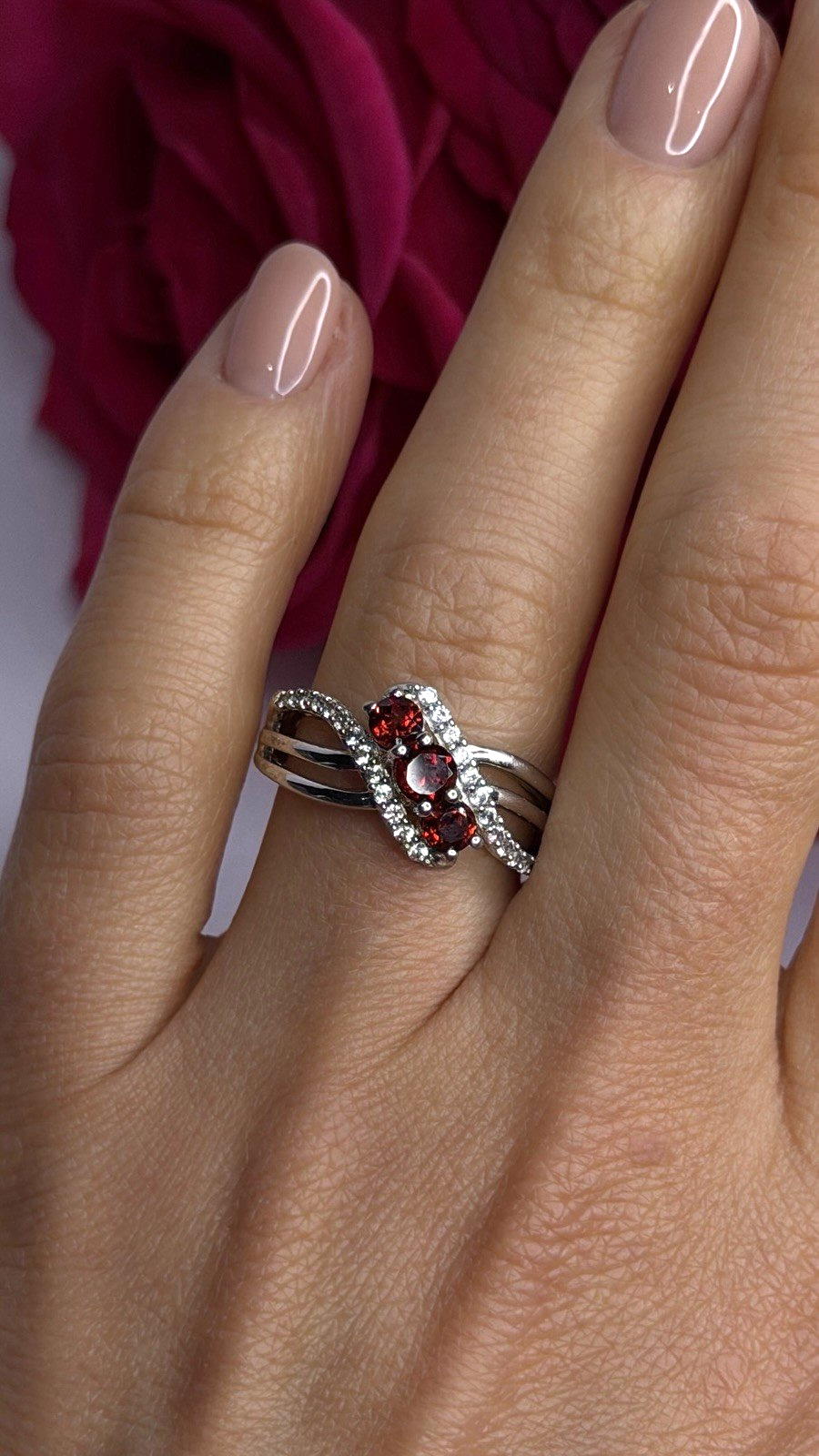 925 Sterling Silver Garnet & Beryl Ring Size 7