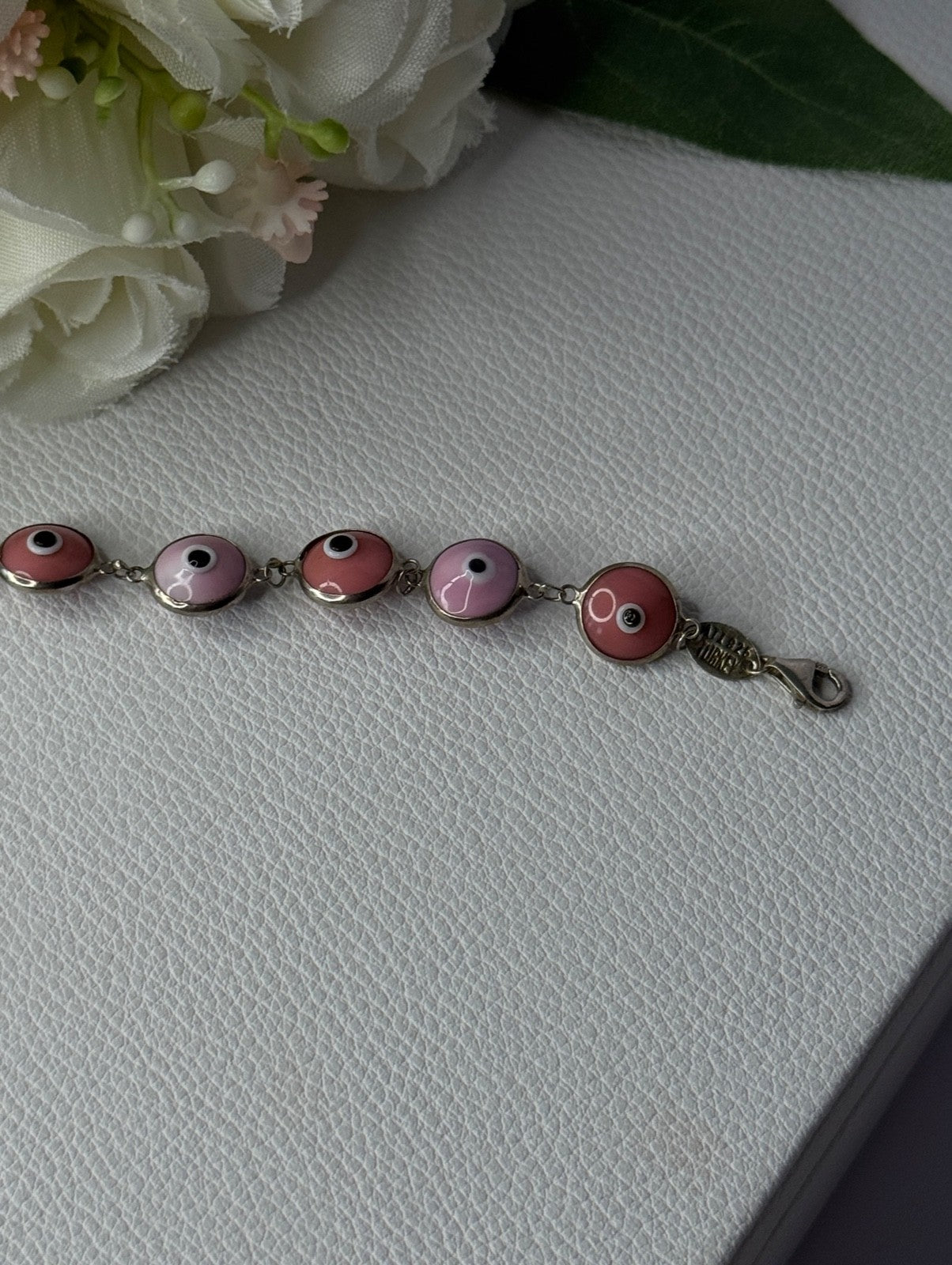 Ati 925 Sterling Silver Pink Evil Eye Bracelet Length 7 Inch