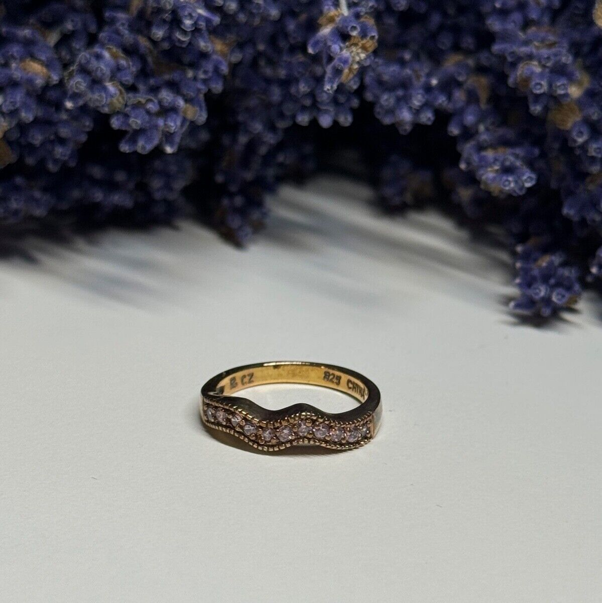 925 Sterling Silver Gold Plated Pink CZ Ring Size 6