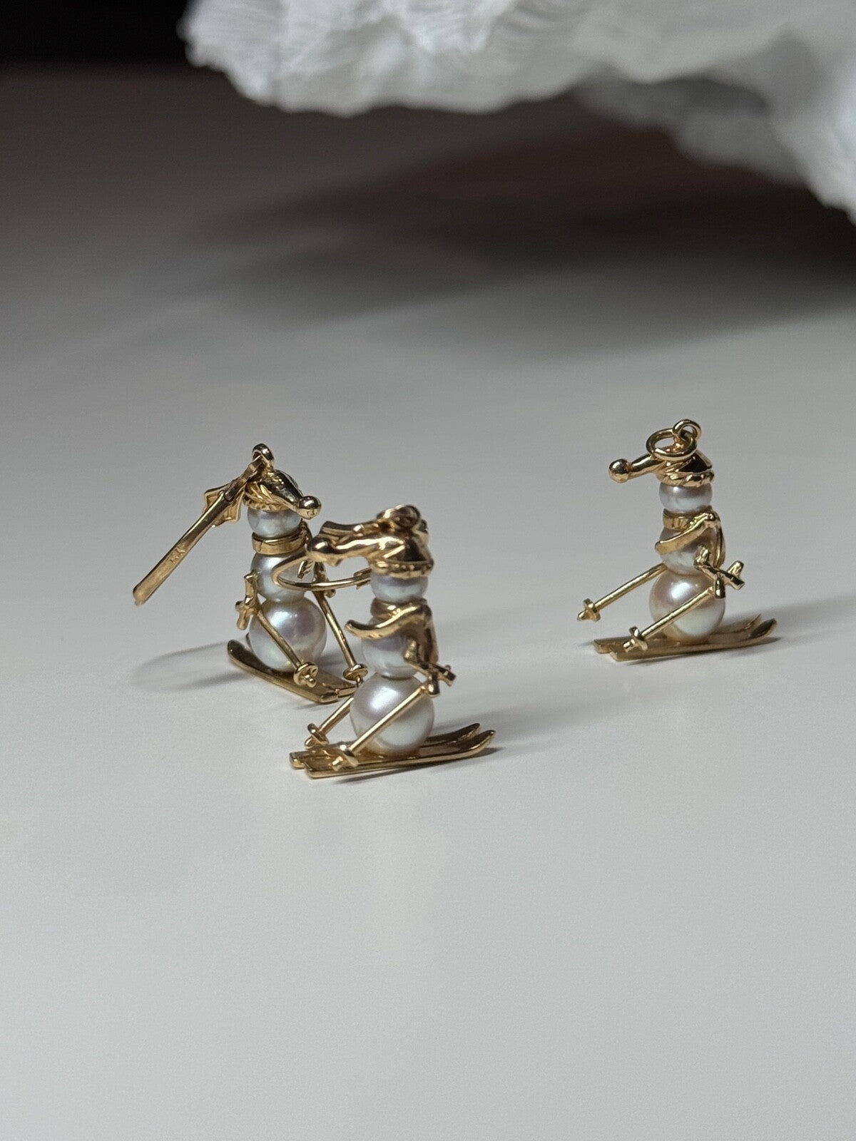 14K Yellow Gold Pearls Earrings & Pendant Skiing Snowmens ON Skis