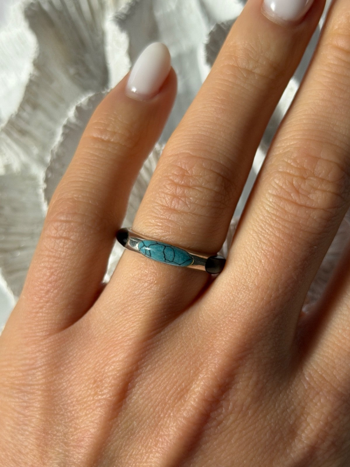 925 Sterling Silver Turquoise & Onyx Ring Size 7