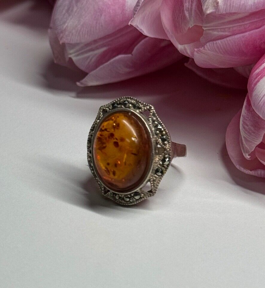 925 Sterling Silver Amber & Marcasite Ring Size 5