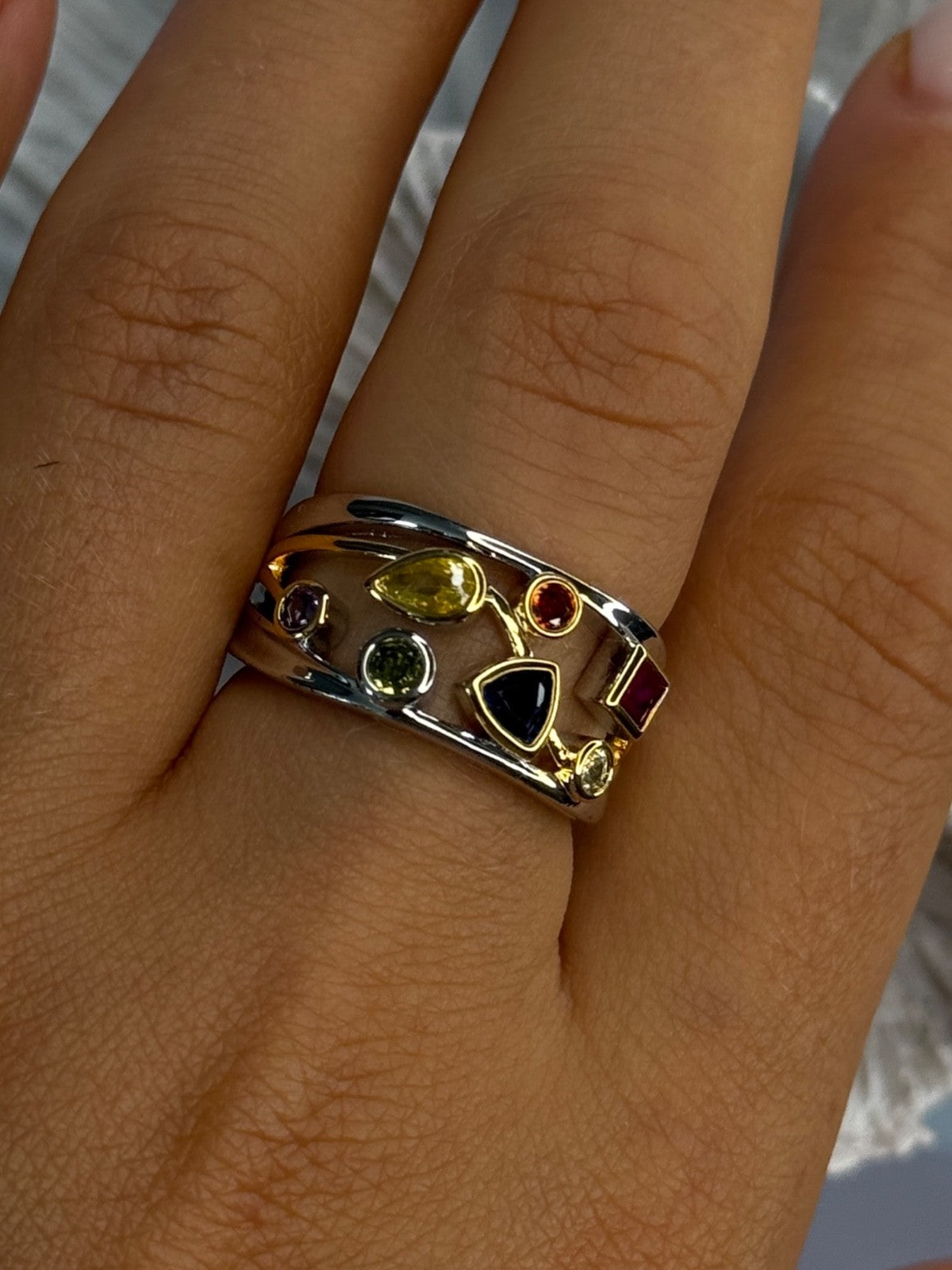 925 Sterling Silver Gold Plated Part Multi Color Gemstones Ring Size 8