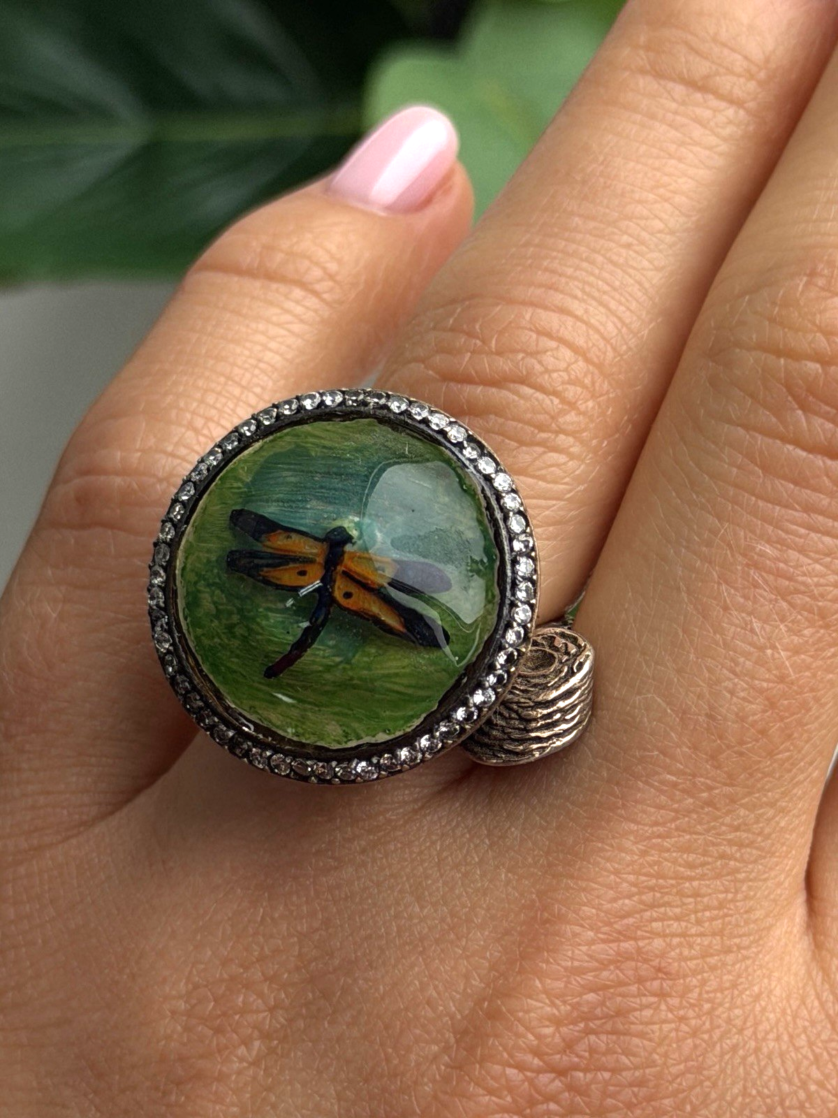 Vintage Nature Art 925 Sterling Silver Dragonfly Resin Ring Size 6.5