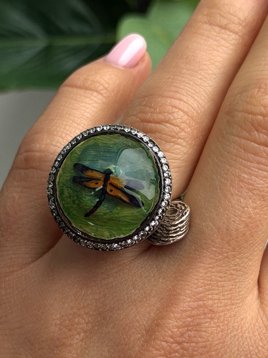 Vintage Nature Art 925 Sterling Silver Dragonfly Resin Ring Size 6.5