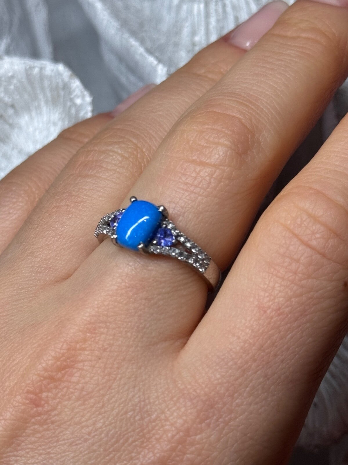 925 Sterling Silver Blue Agate, Tanzanite & Beryl Ring Size 7.5