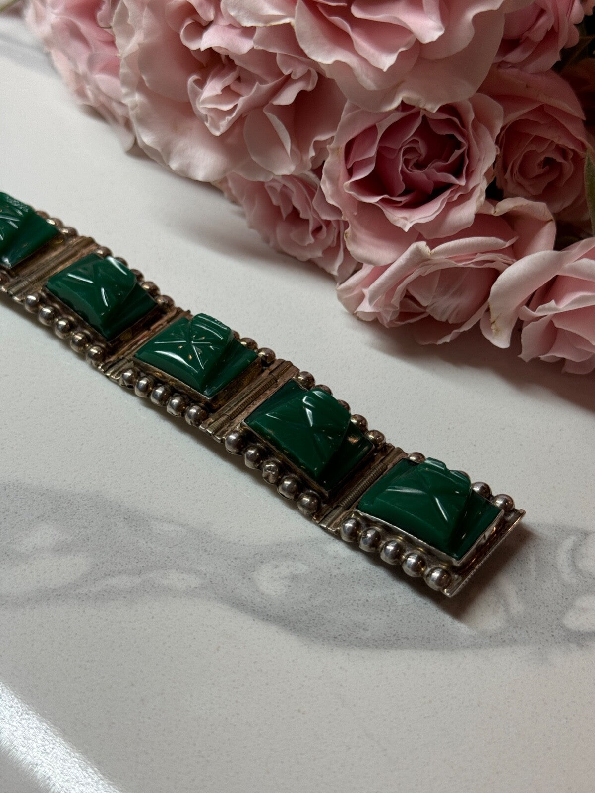 Vintage 925 Sterling Silver Green Jade Bracelet Length 7 in