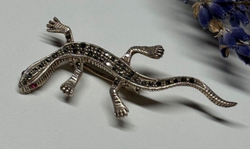 925 Sterling Silver Ruby & Marcasite Lizard Brooch