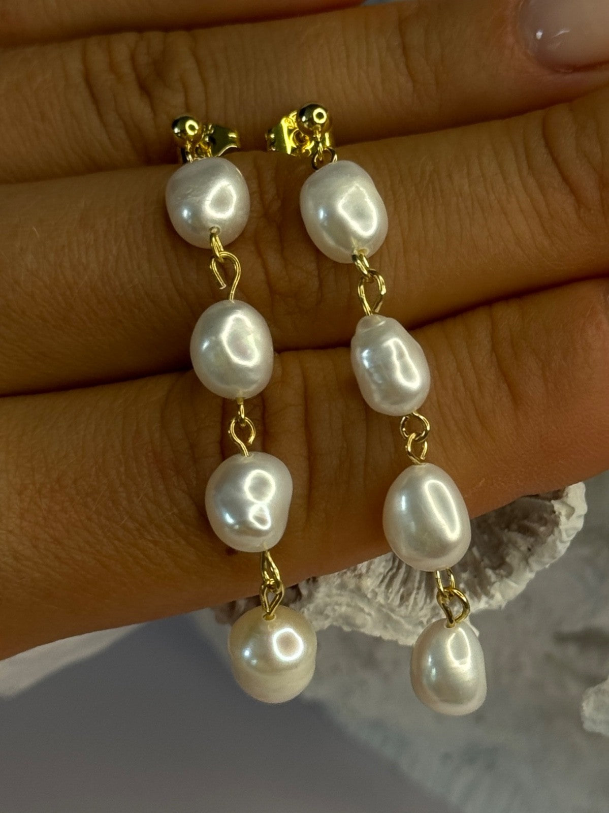 925 Sterling Silver Gold Plated Pearl Earrings Length 2.30 Inch