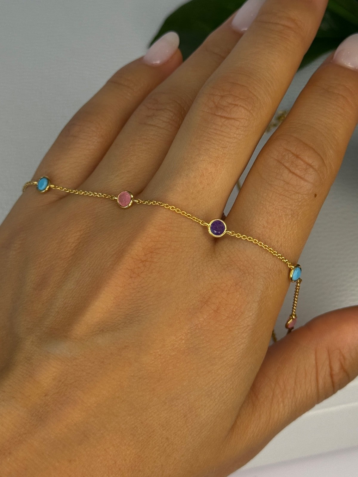 925 Sterling Silver Gold Plated Gemstones Necklace Length 15/16.5 Inch