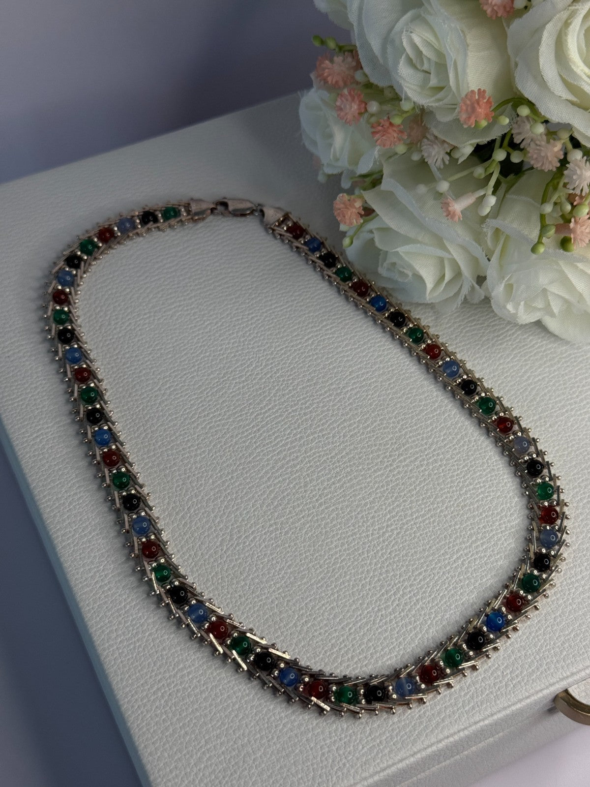 925 Sterling Silver Italy Milor Multicolor Agate Necklace Length 17 Inch