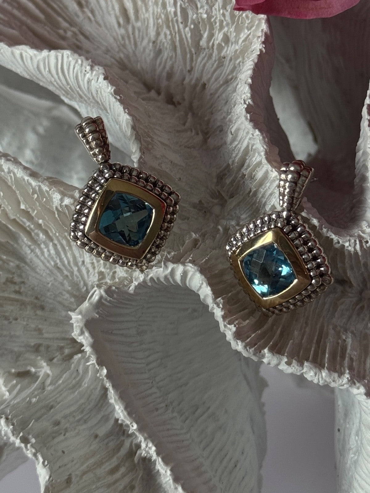 14K Yellow Gold & 925 Sterling Silver Blue Topaz Earrings