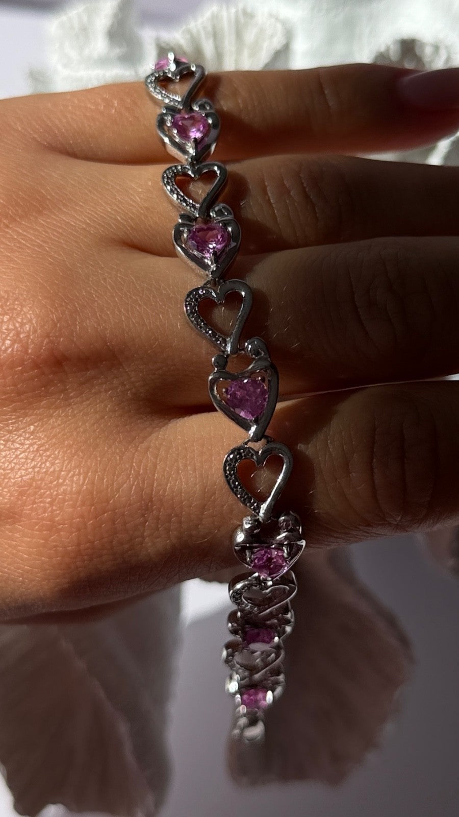 925 Sterling Silver Pink Sapphire Heart Bracelet Length 7.5