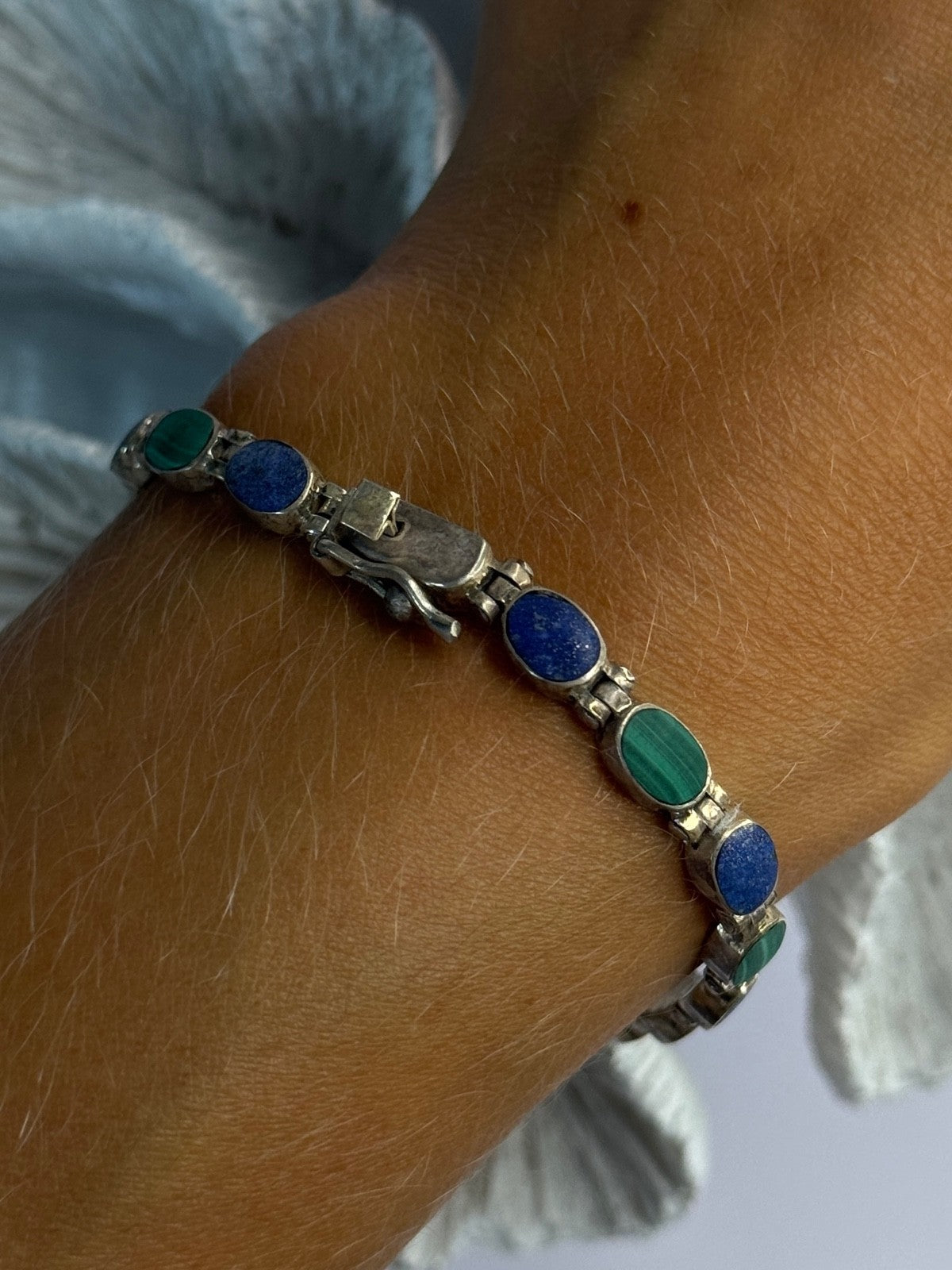 925 Sterling Silver Malachite & Sodalite Bracelet Length 7