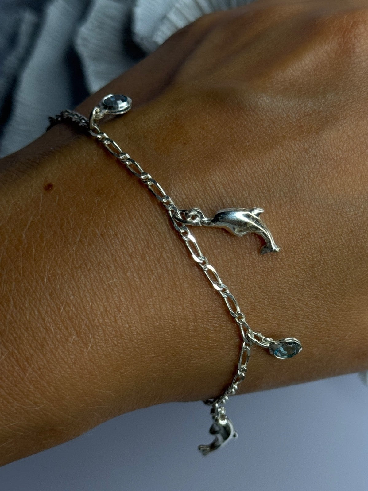 925 Sterling Silver Dolphin Blue Topaz Bracelet Length 7.5