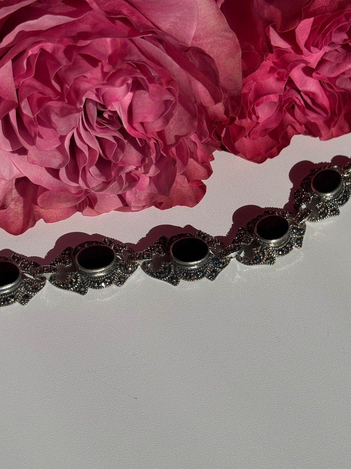 Vintage 925 Sterling Silver Onyx & Marcasite Bracelet 7 Inch