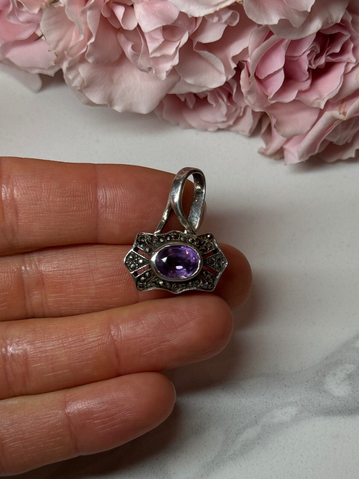925 Sterling Silver Amethyst & Marcasite Pendant Length 1 In
