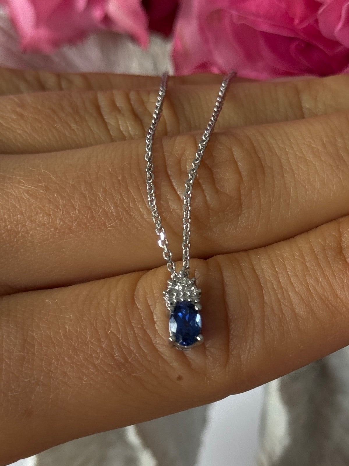 14K White Gold Chain & 10K White Gold Pendant Sapphire & Diamond