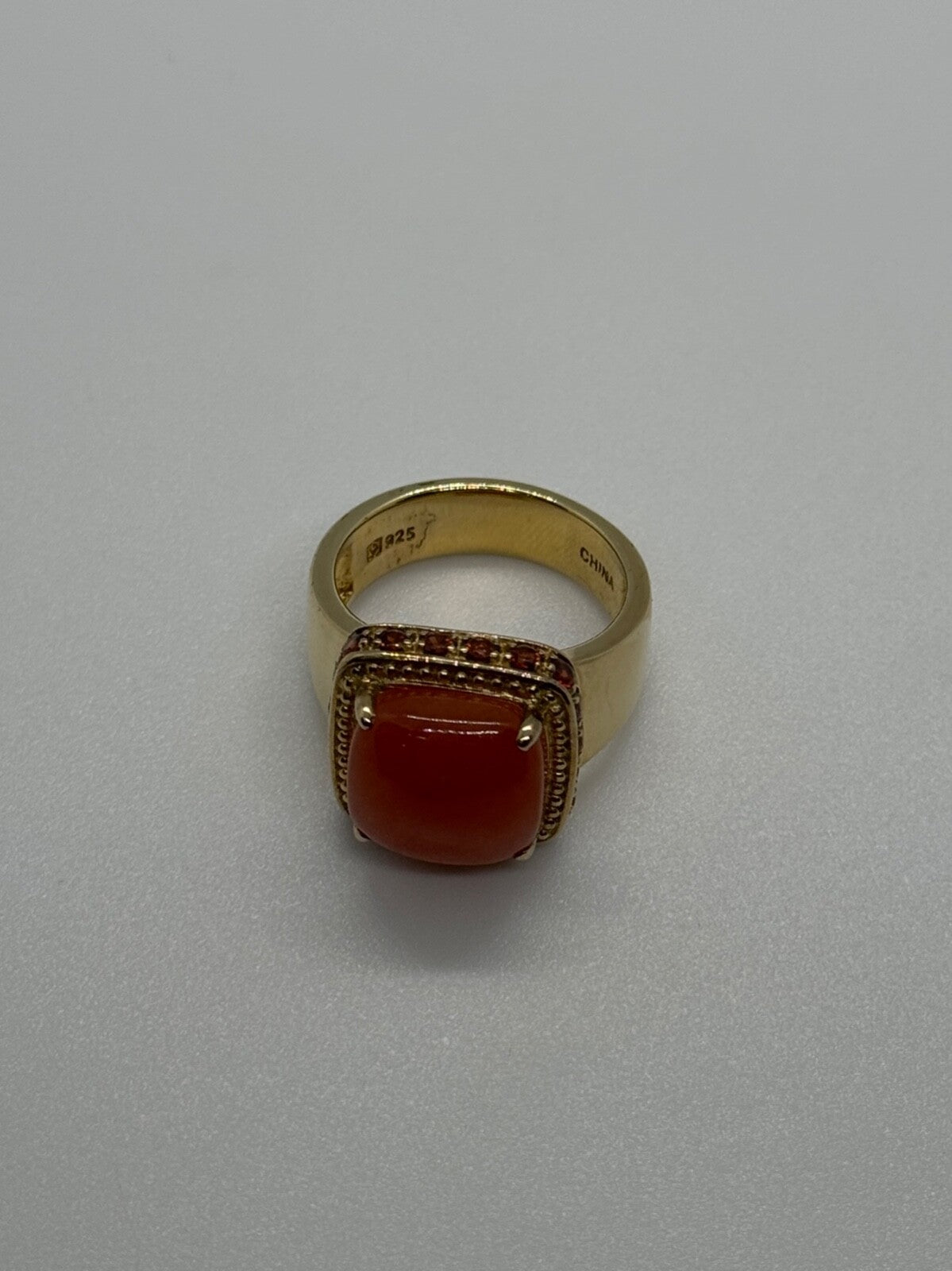 925 Sterling Silver Gold Plated Amber & RED Spinel Ring Size 7.5