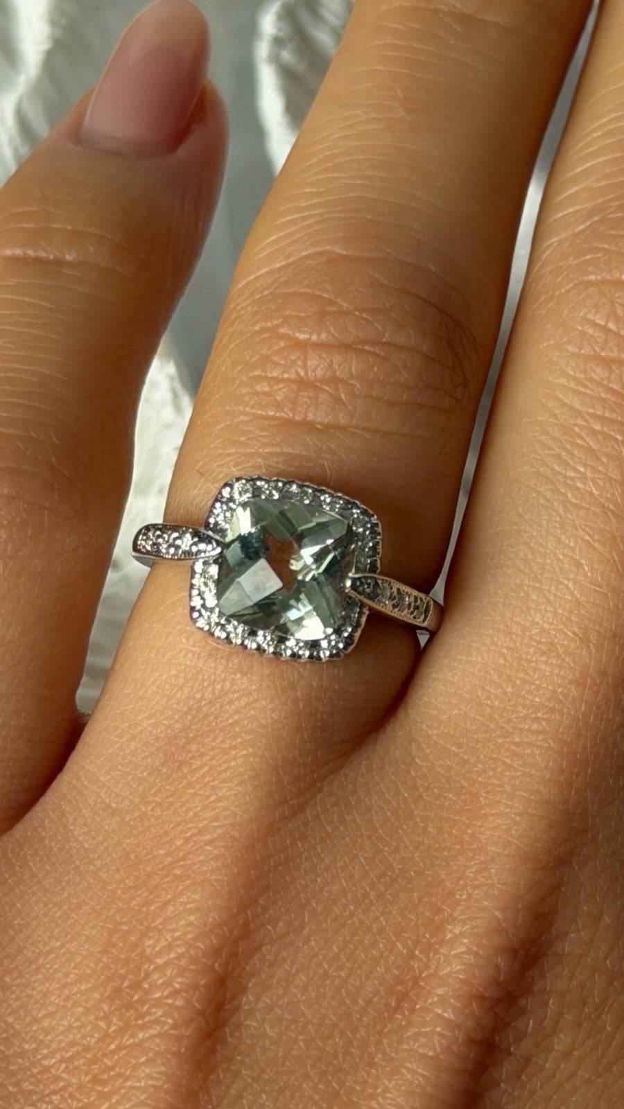14K 585 White Gold Prasiolite Green Amethyst & Diamond Ring Size 6