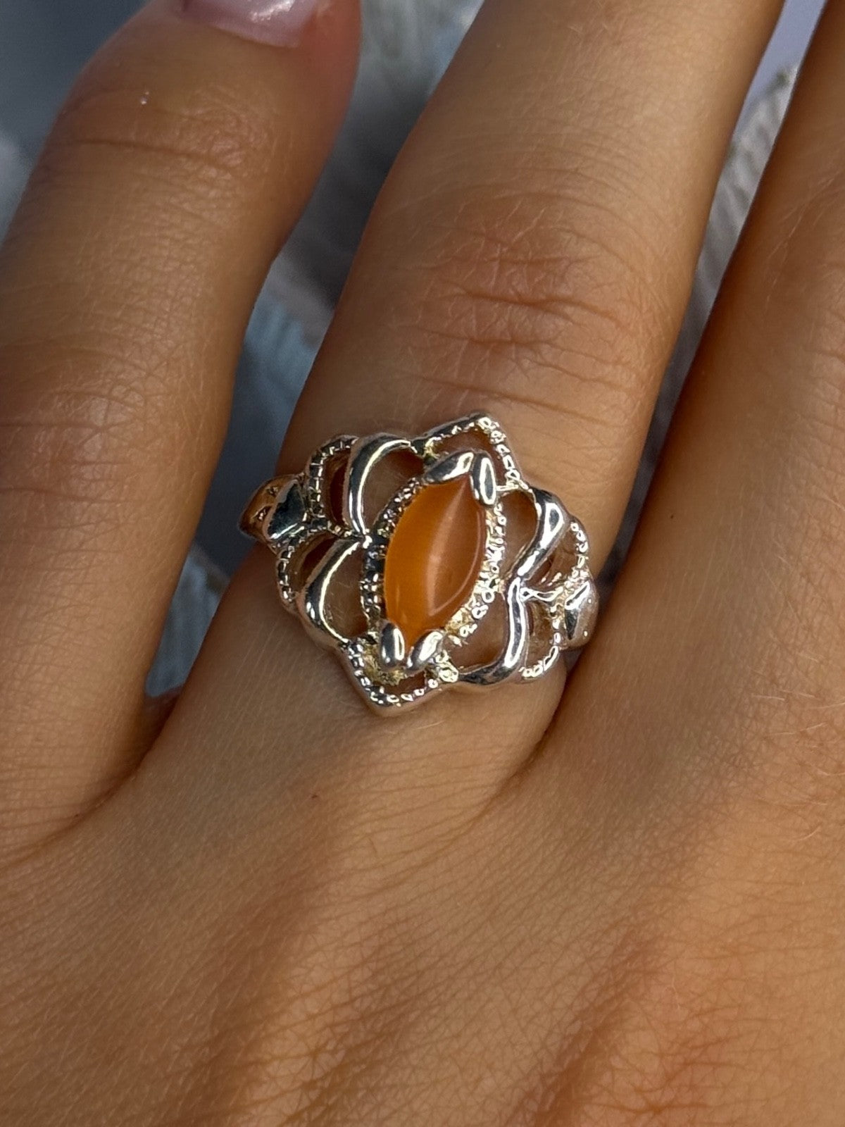 925 Sterling Silver Orange Agate Ring Size 6.5