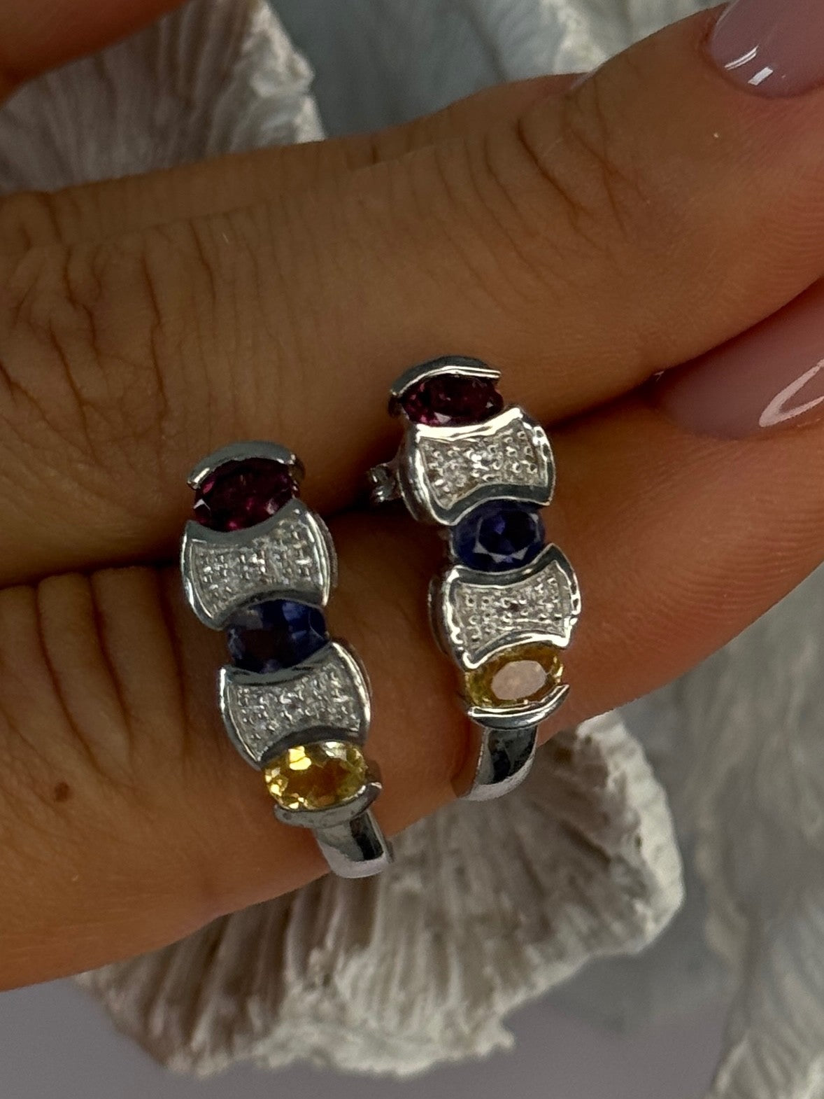 925 Sterling Silver Ruby Tanzanite Citrine Diamond Earrings Length 0.90 Inch