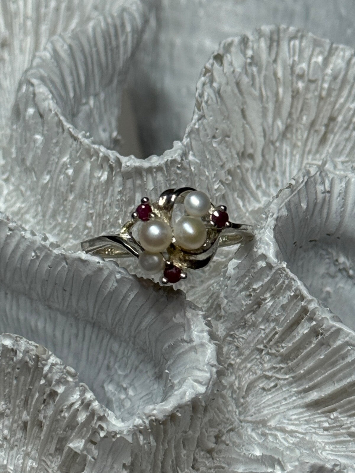 925 Sterling Silver Pearls & Ruby Ring Size 8