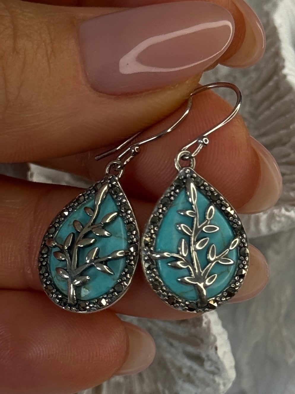 925 Sterling Silver Turquoise & Marcasite Earrings Length 1.20 Inch