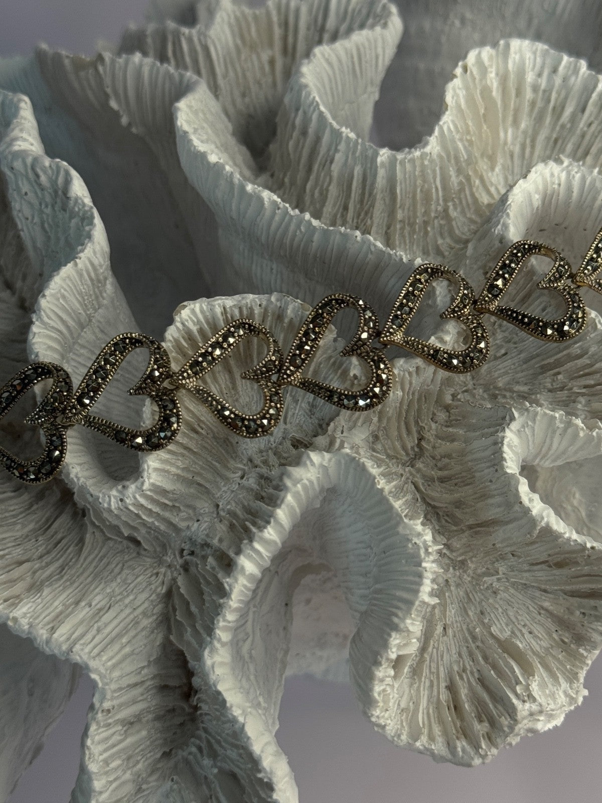 925 Sterling Silver Marcasite Hearts Bracelet Length 7.5