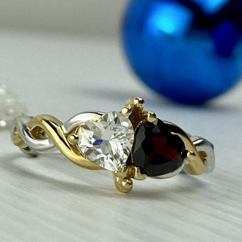925 Sterling Silver Gold Plated Almandine & Spinel "Hearts" Ring Size 11.75