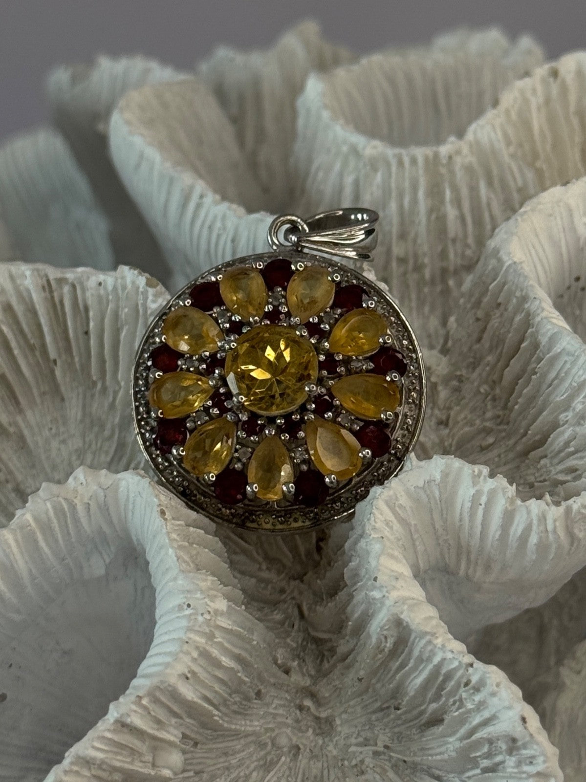 925 Sterling Silver Citrine Garnet Diamond Pendant Length 1.50 Inch