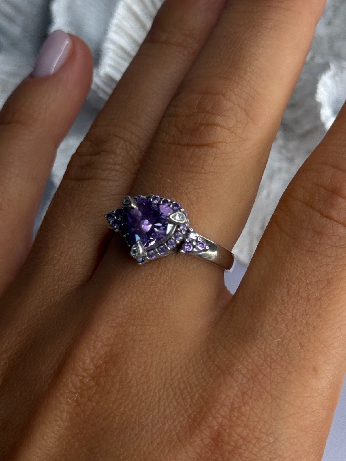 925 Sterling Silver Amethyst & Diamond Heart Ring Size 8.5