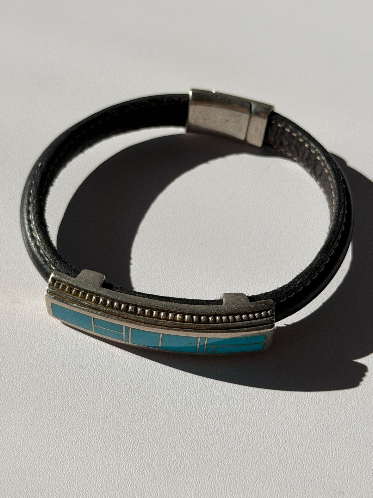 Leather & 925 Sterling Silver Turquoise Bracelet