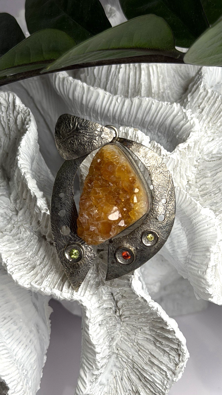 Large 925 Sterling Silver Baltic Amber Peridot Citrine Tourmaline Pendant