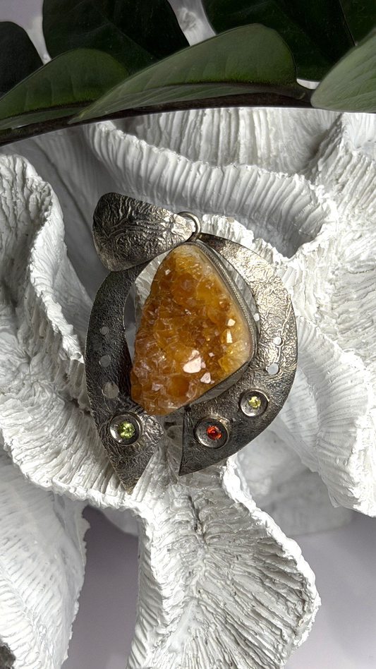Large 925 Sterling Silver Baltic Amber Peridot Citrine Tourmaline Pendant