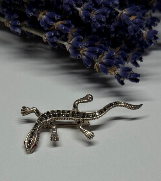 925 Sterling Silver Ruby & Marcasite Lizard Brooch