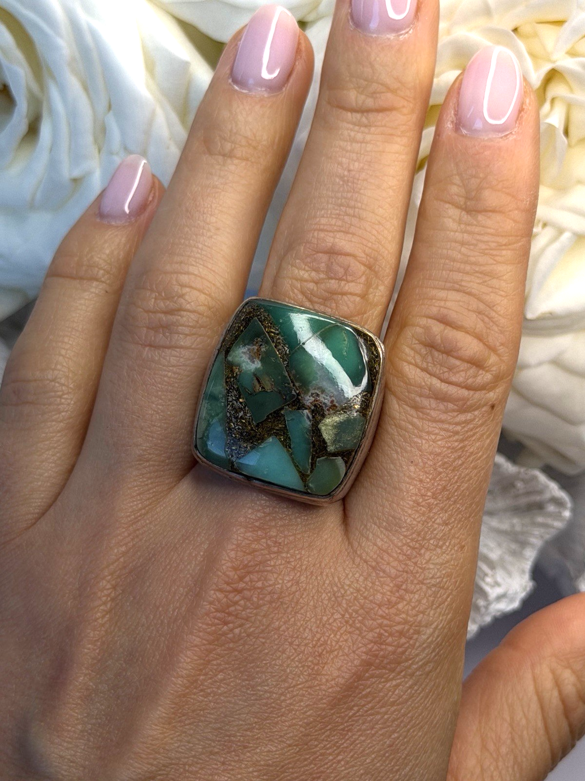 Vintage 925 Sterling Silver Green Turquoise Mosaic Ring Size 9.5