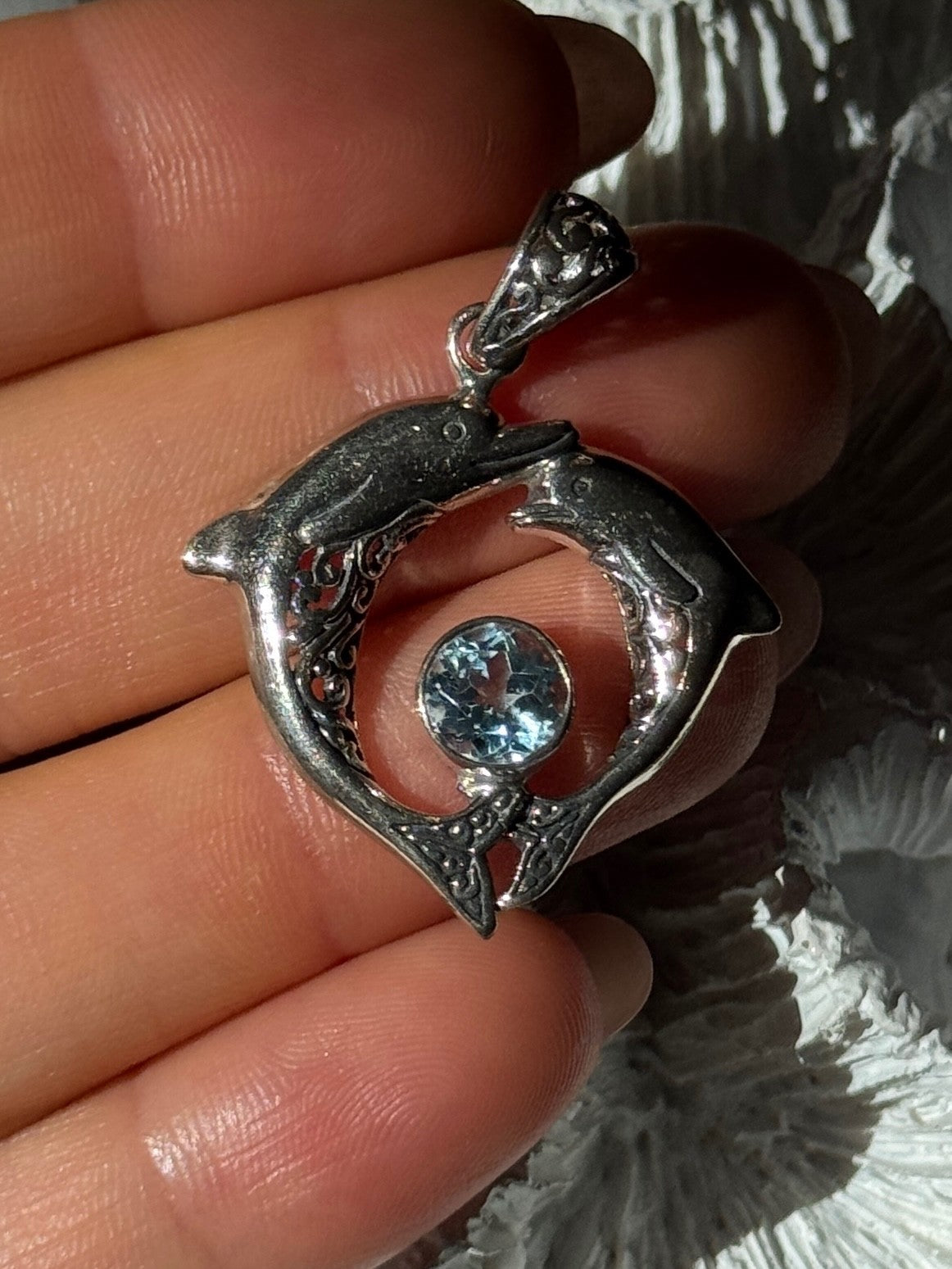 925 Sterling Silver Dolphins Topaz Pendant
