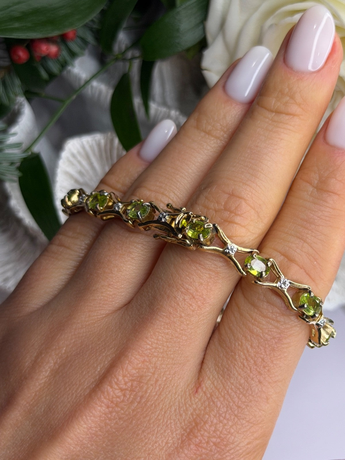 925 Sterling Silver Gold Plated Peridot & Beryl Bracelet Size 7.5