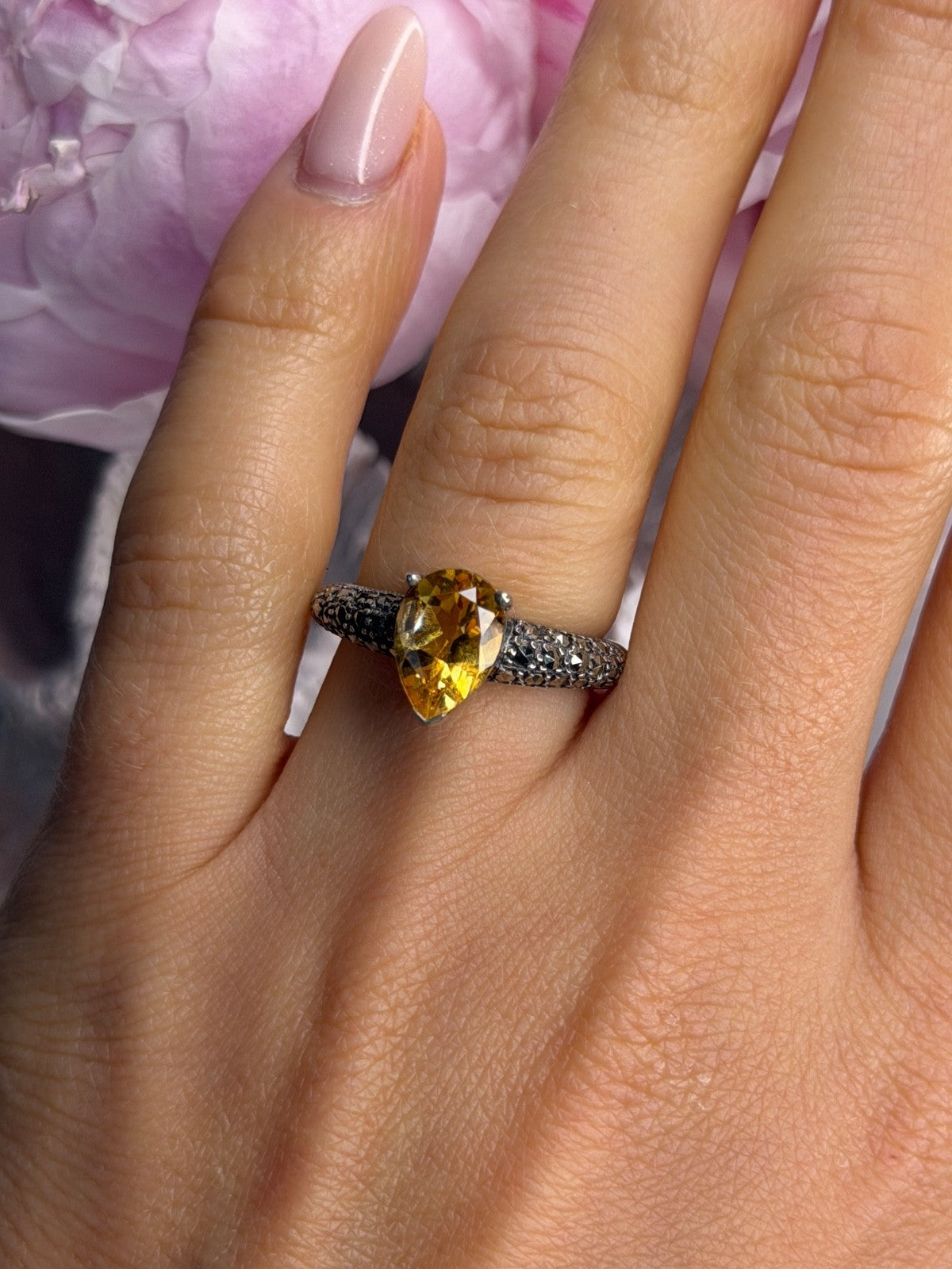 925 Sterling Silver Citrine & Marcasite Ring Size 7