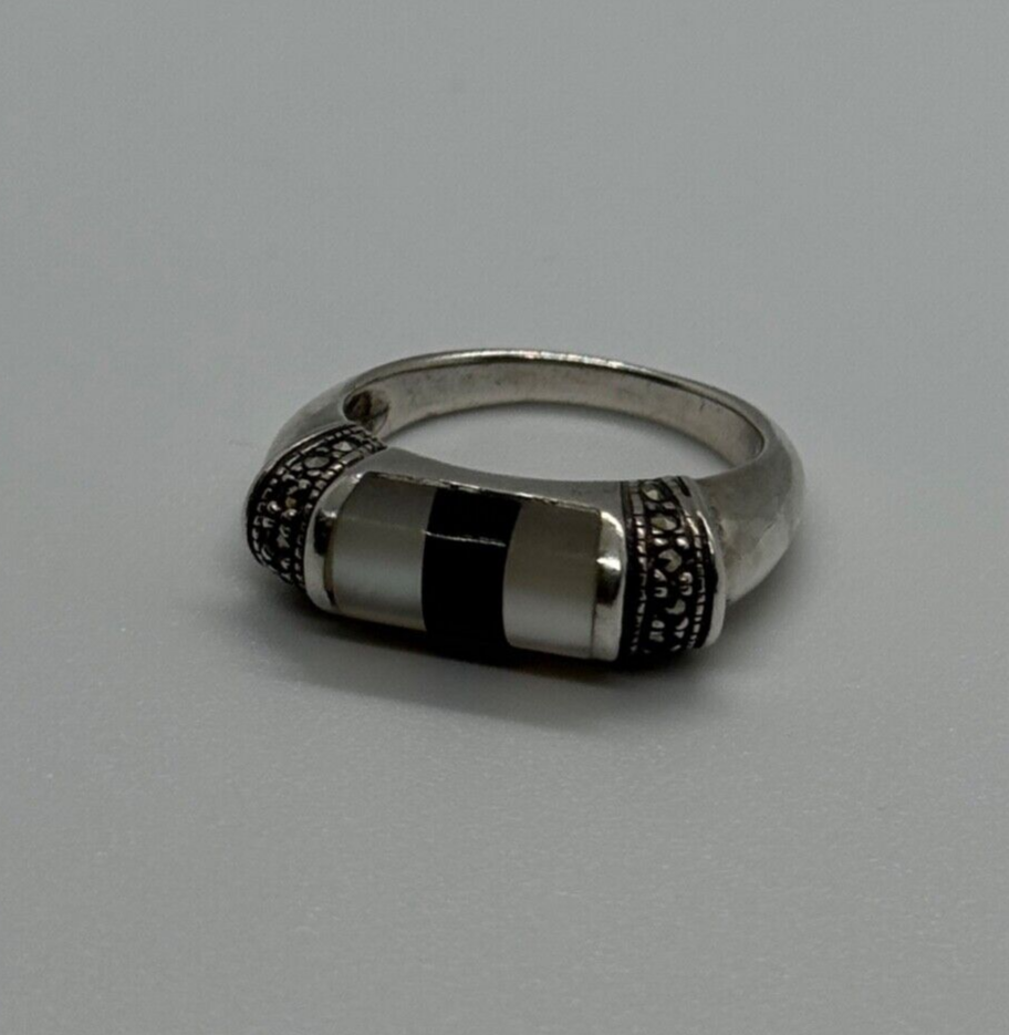 925 Sterling Silver Abalone, Enamel & Marcasite Ring Size 7