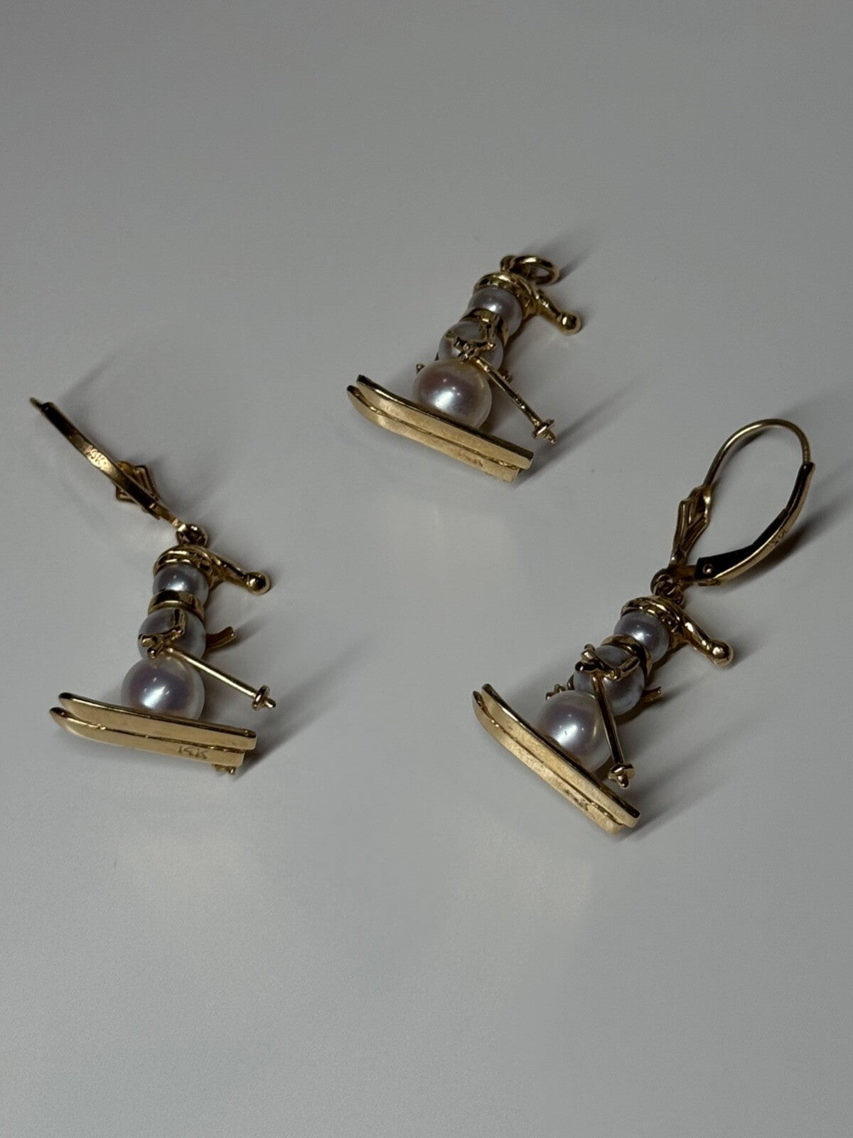 14K Yellow Gold Pearls Earrings & Pendant Skiing Snowmens ON Skis