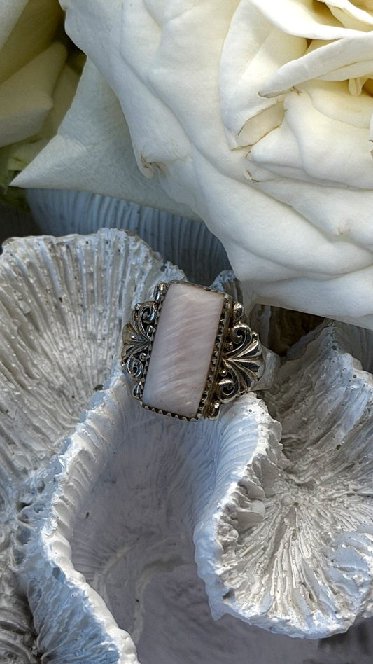 Ornate Art Deco Style 925 Sterling Silver Pink Abalone Ring Size 8.5