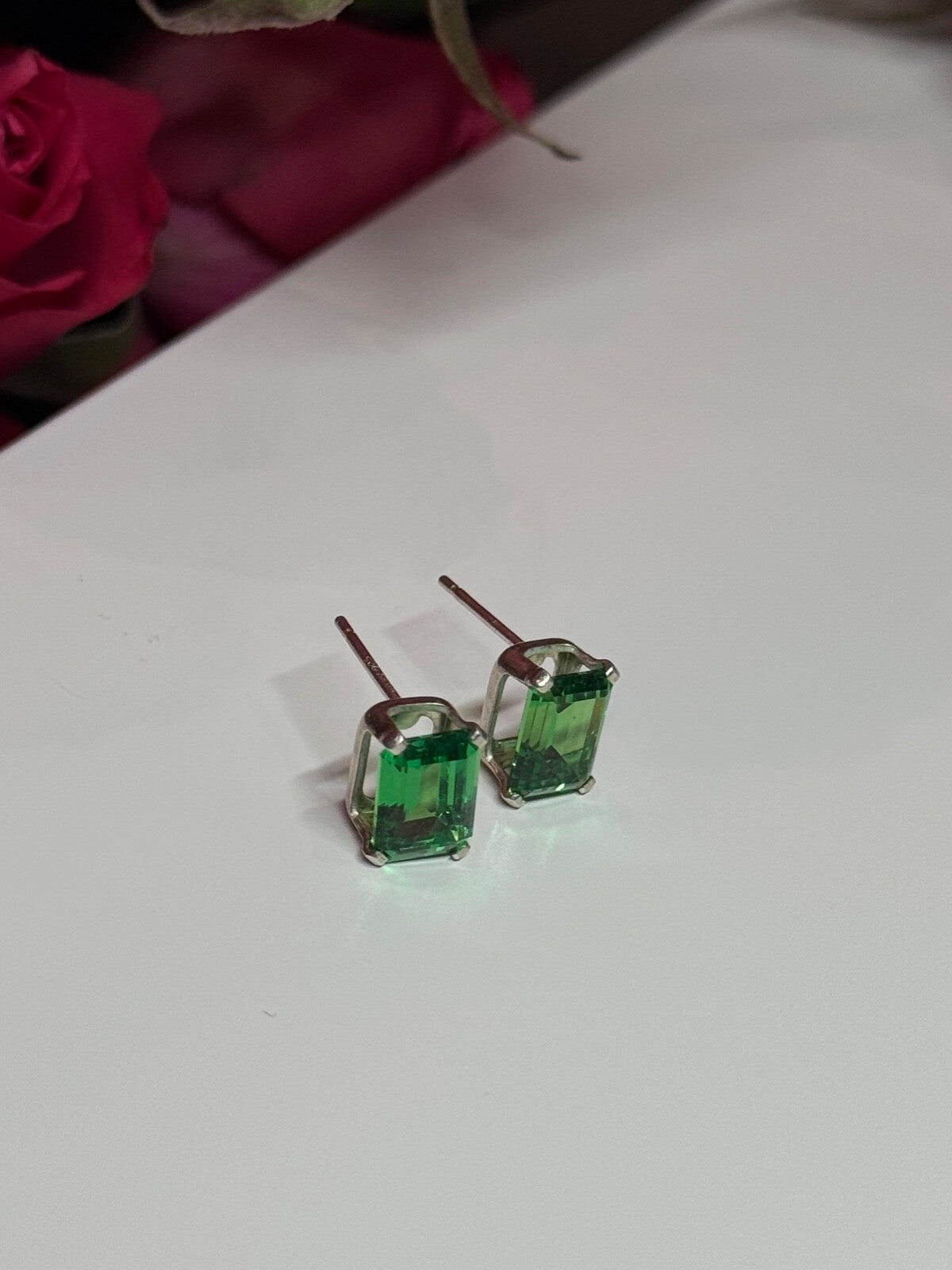 925 Sterling Silver Green Peridot Earrings Length 8 Mm