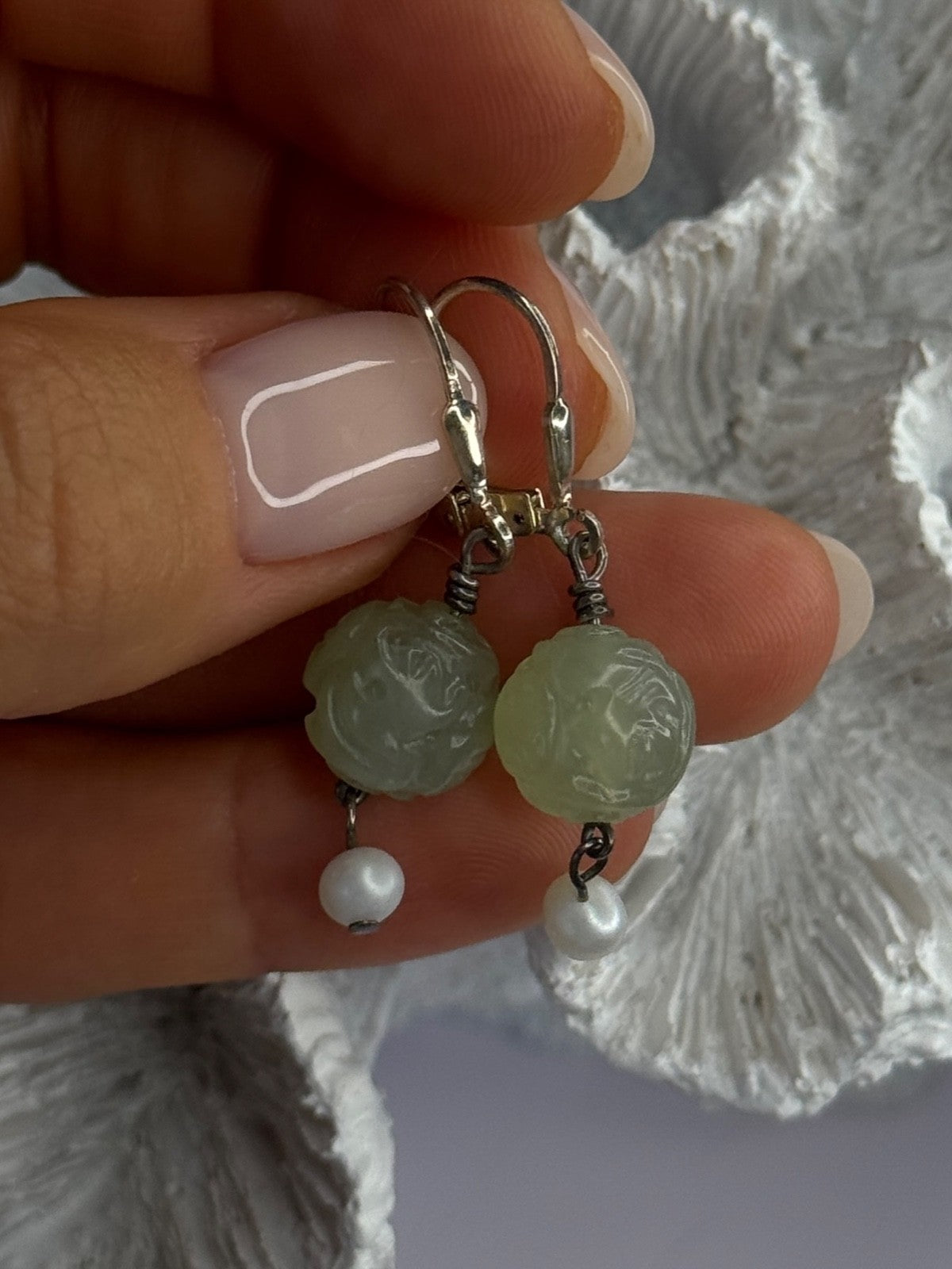 925 Sterling Silver Jade & Pearl Earrings Length 1.40 Inch