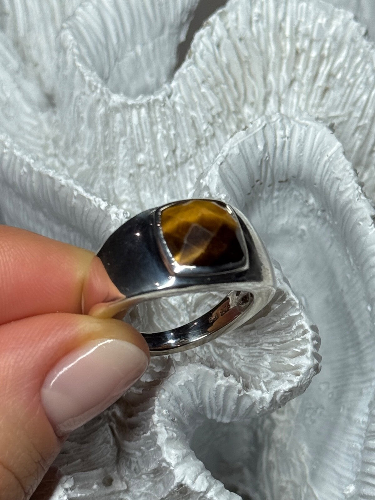 925 Sterling Silver Amber Men'S Ring Size 8