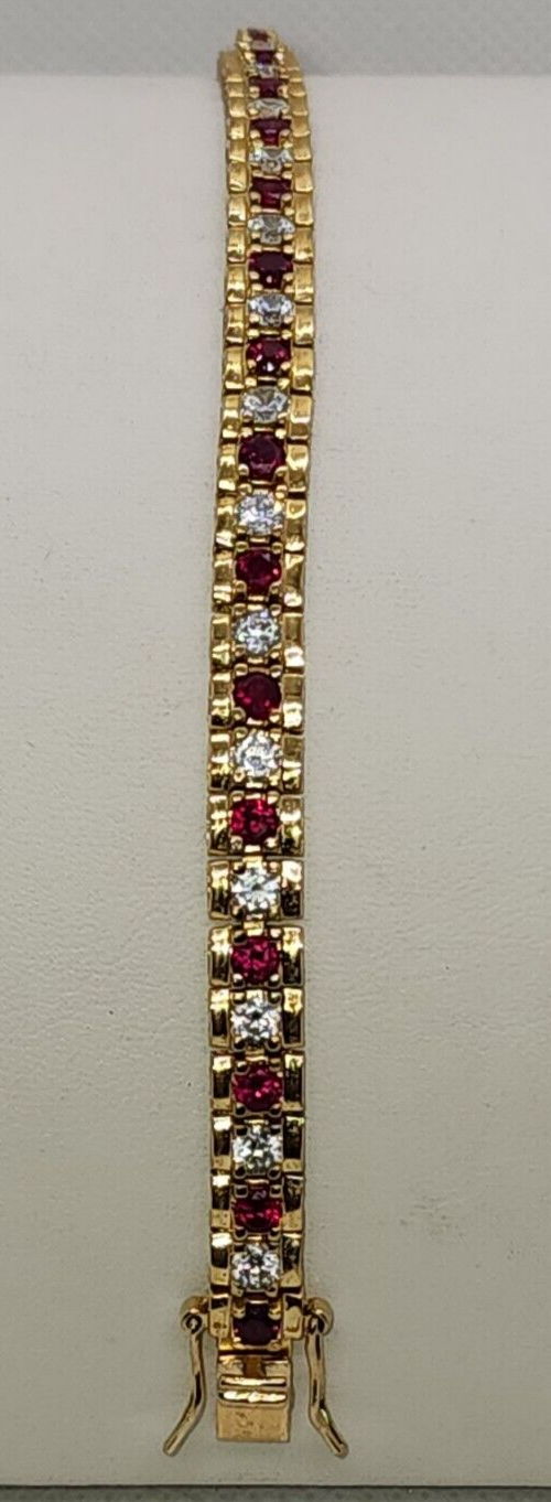925 Sterling Silver Vermeil Ruby AND Quartz Bracelet Size 7.15 IN