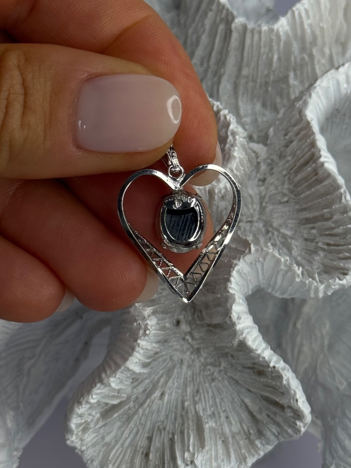925 Sterling Silver Hematite Heart Pendant Length 1 Inch