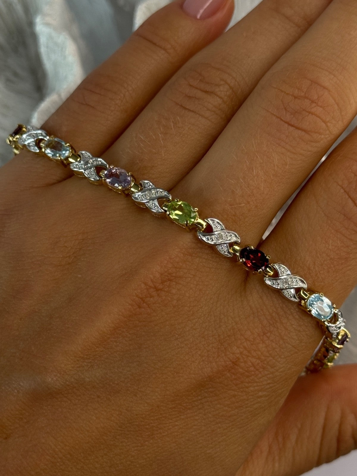 925 Sterling Silver Gold Plated Multi Color Gemstones Bracelet Length 7.5